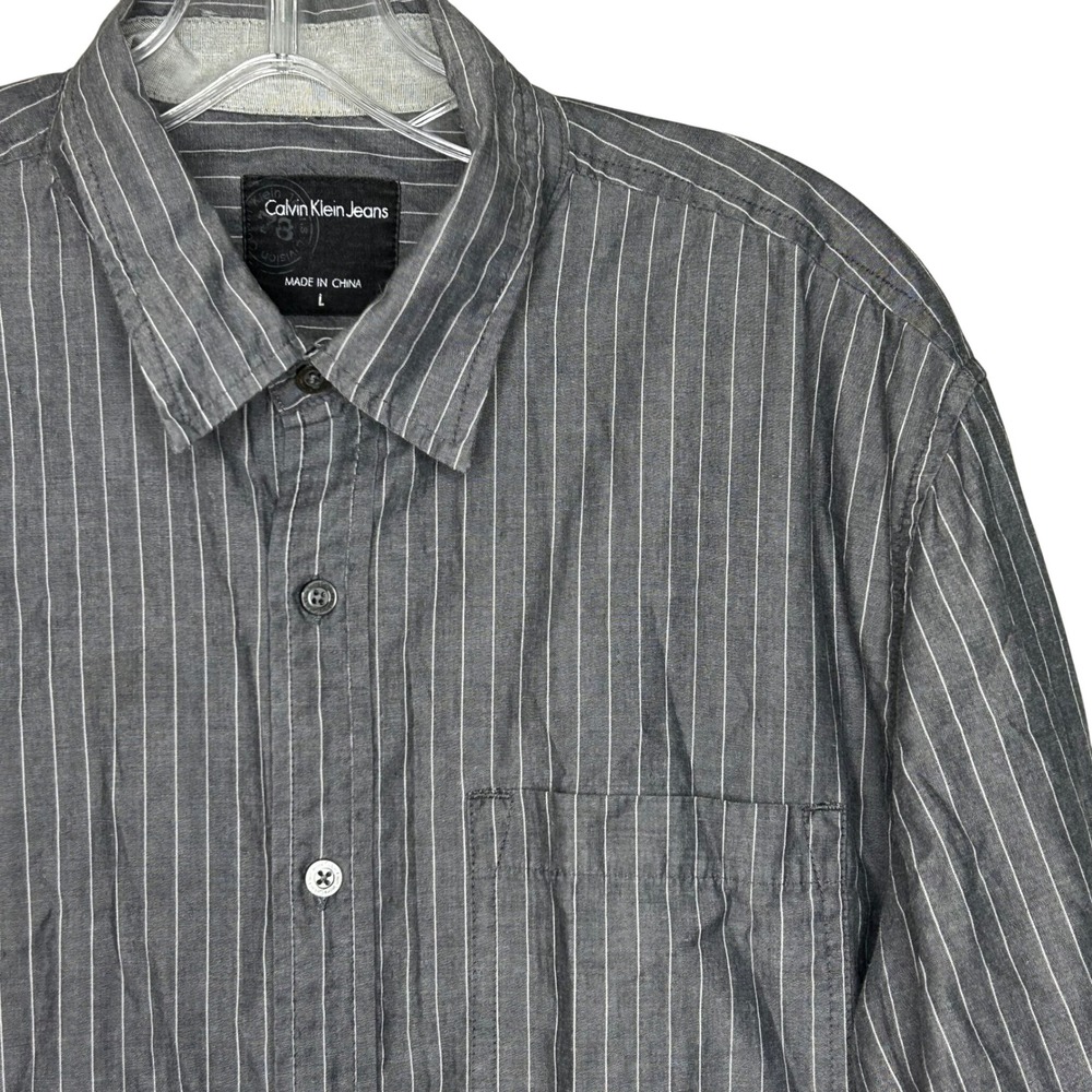 Calvin Klein Jeans Men Gray Striped Long Sleeve Button Down Shirt L